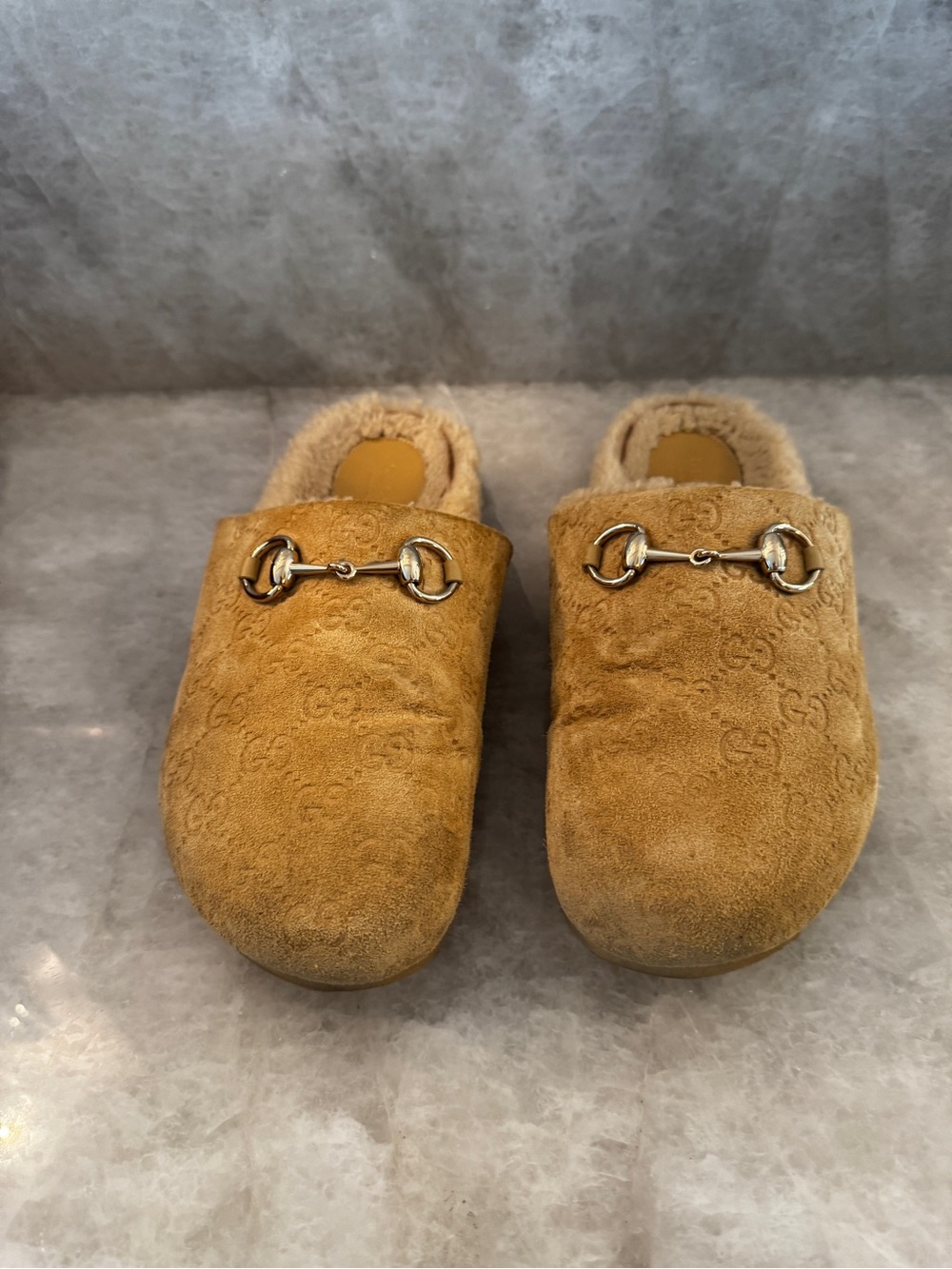 Gucci Tan Suede Horsebit Slip-On Clogs with Shearling Trim